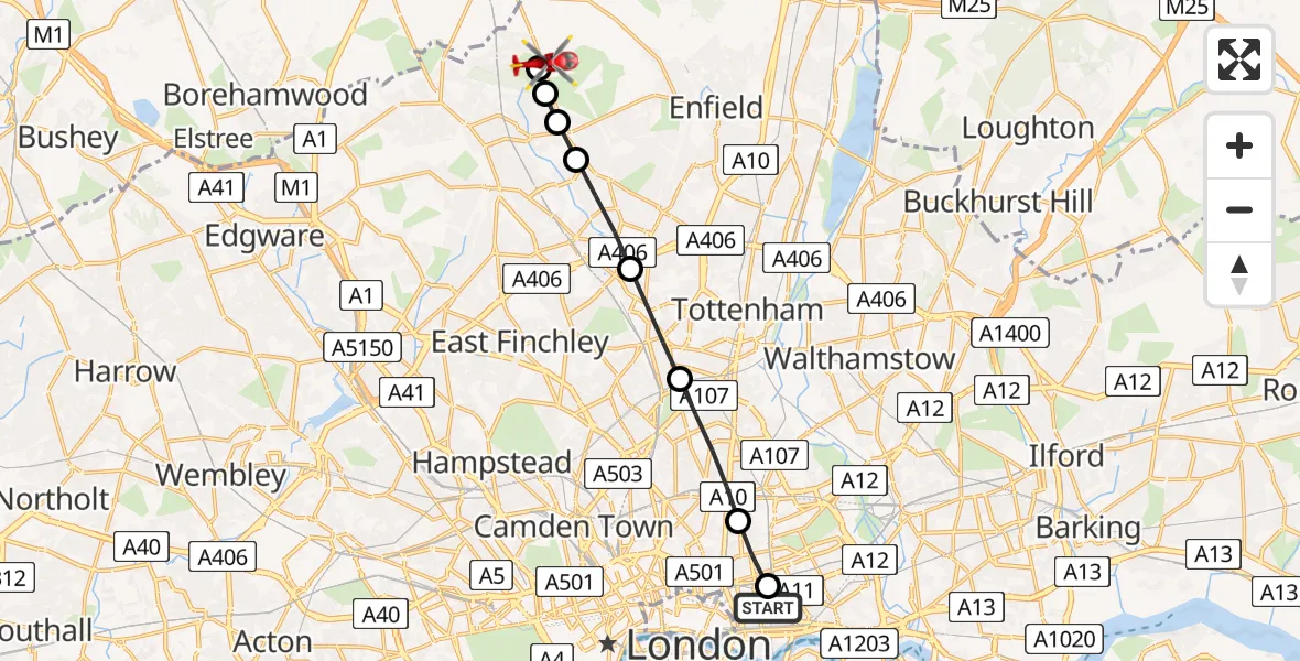Flight path map showing Air Ambulance Helicopter route from Royal London Hospital to London Borough of Enfield