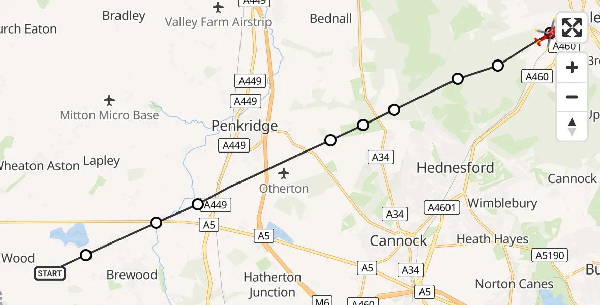 Flight path map showing Air Ambulance Helicopter route from Bishops Wood to Slitting Mill