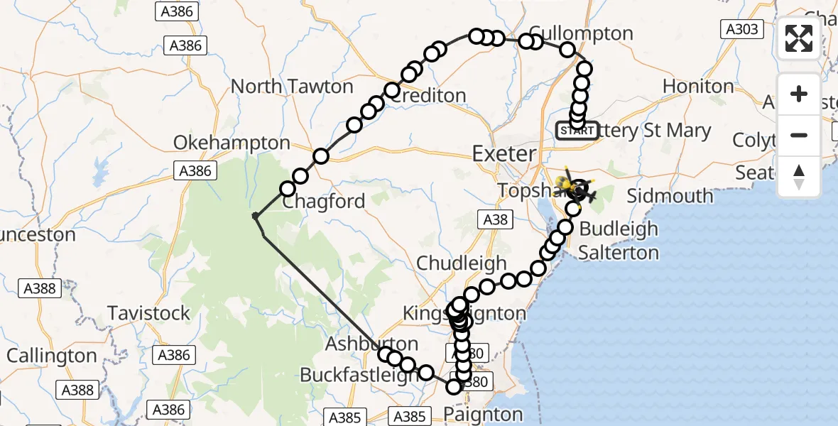 Flight path map showing Police Helicopter route from Cranbrook to Woodbury Salterton