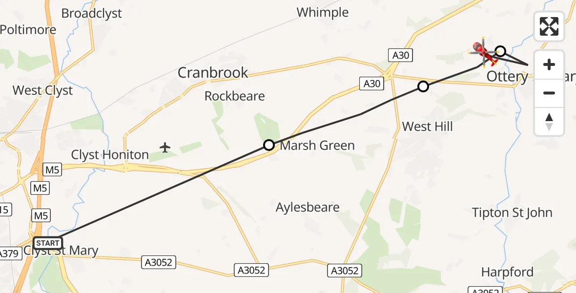 Routekaart van de vlucht: Air Ambulance Helicopter to Ottery St Mary, Cadhay Lane