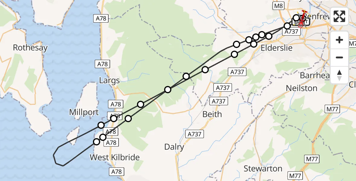 Flight path map showing Air Ambulance Helicopter route from Glasgow Airport to Glasgow Airport