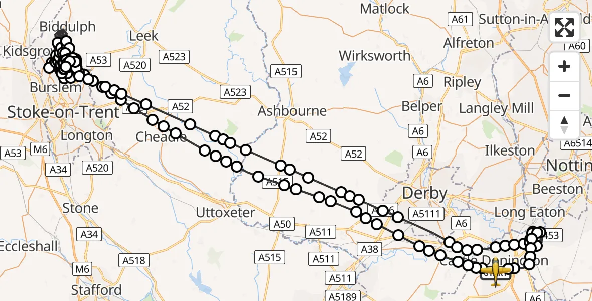 Flight path map showing Police Aircraft route from East Midlands Airport to East Midlands Airport
