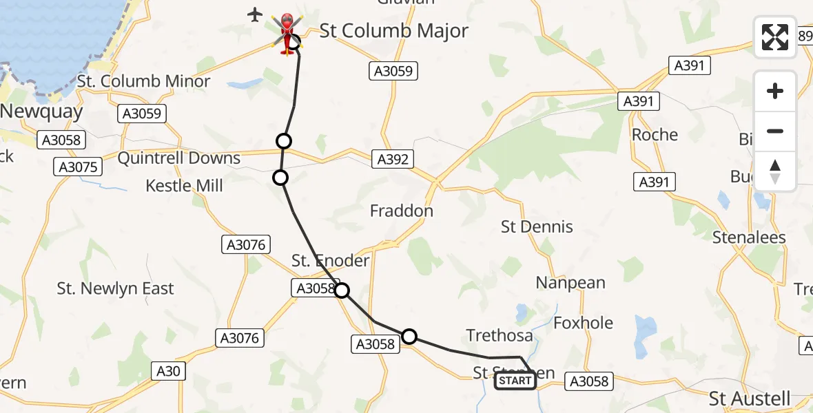 Flight path map showing Air Ambulance Helicopter route from Trethosa to Cornwall Airport Newquay