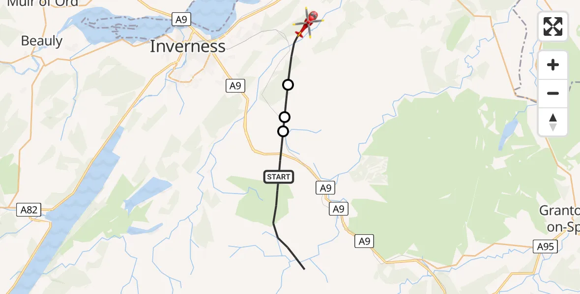 Flight path map showing Air Ambulance Helicopter route from Moy to Newlands of Culloden