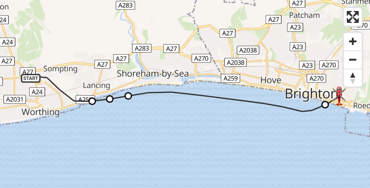 Flight path map showing Air Ambulance Helicopter route from Worthing to Brighton