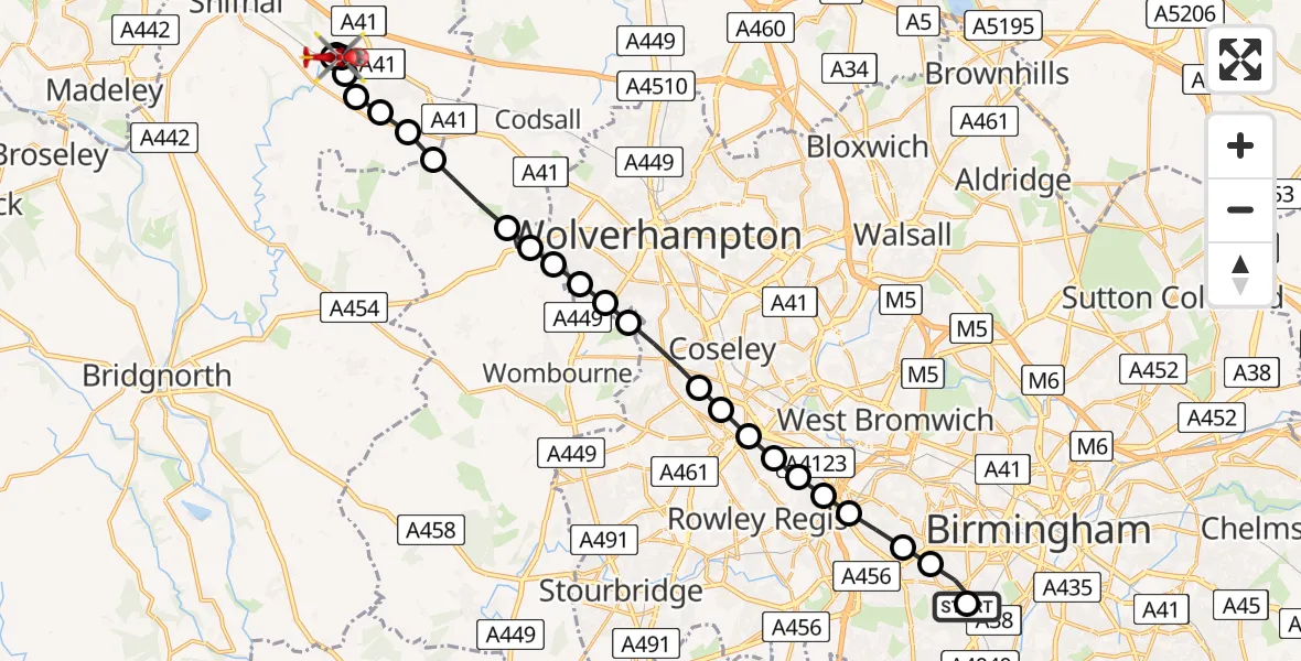 Flight path map showing Air Ambulance Helicopter route from Queen Elizabeth Hospital Helipad to Cosford