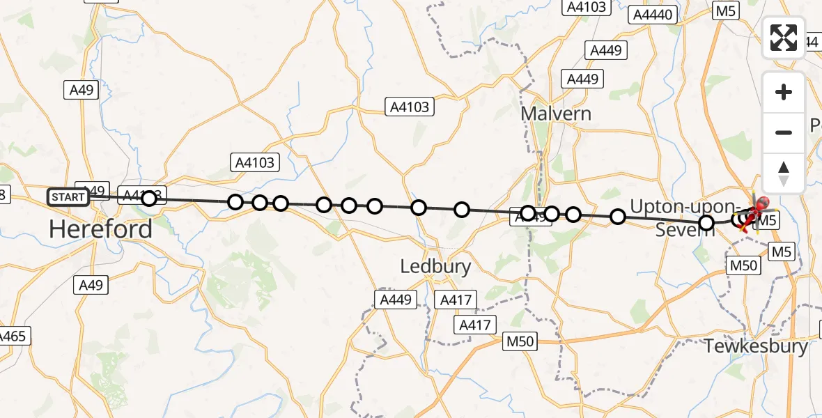 Flight path map showing Air Ambulance Helicopter route from Hereford to Hill Croome