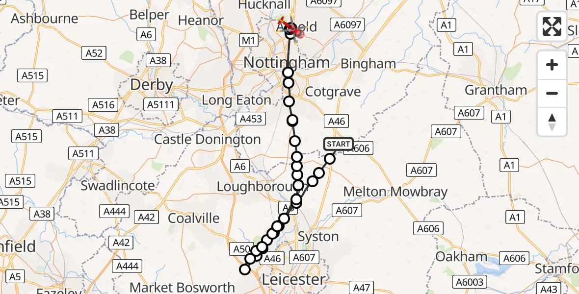 Flight path map showing Air Ambulance Helicopter route from Rushcliffe to Arnold