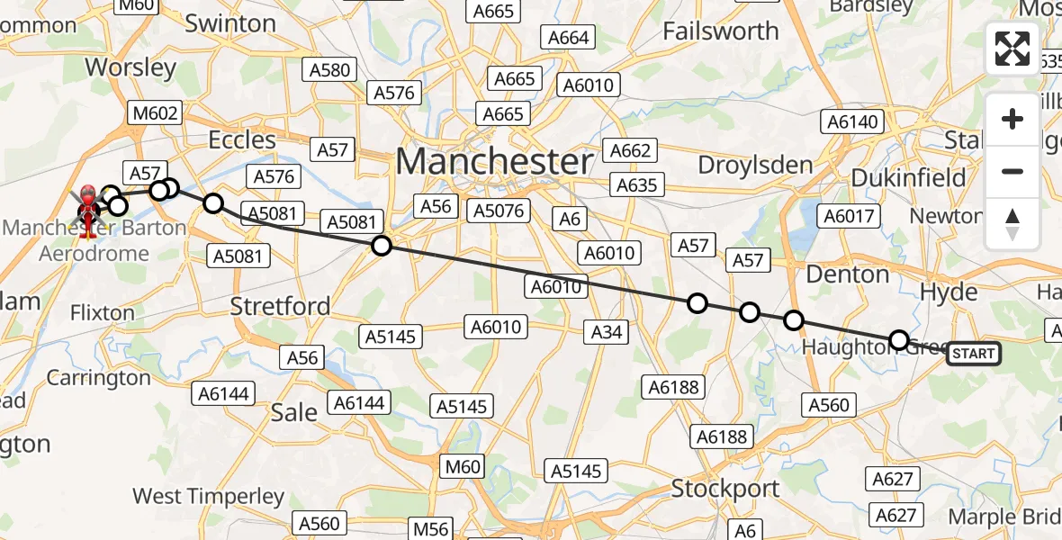 Flight path map showing Air Ambulance Helicopter route from Hyde to Manchester Barton Aerodrome