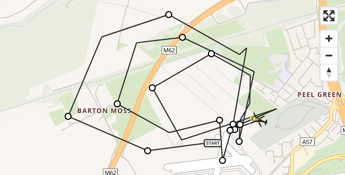 Flight path map showing Police Helicopter route from Manchester Barton Aerodrome to Worsley