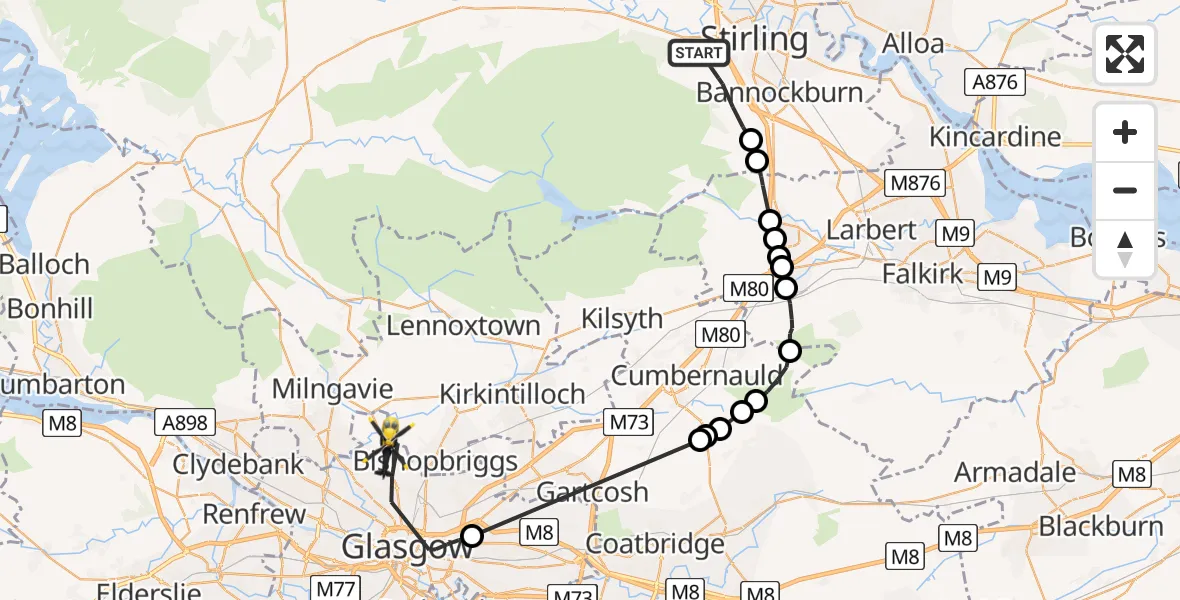 Flight path map showing Police Helicopter route from Stirling to Glasgow