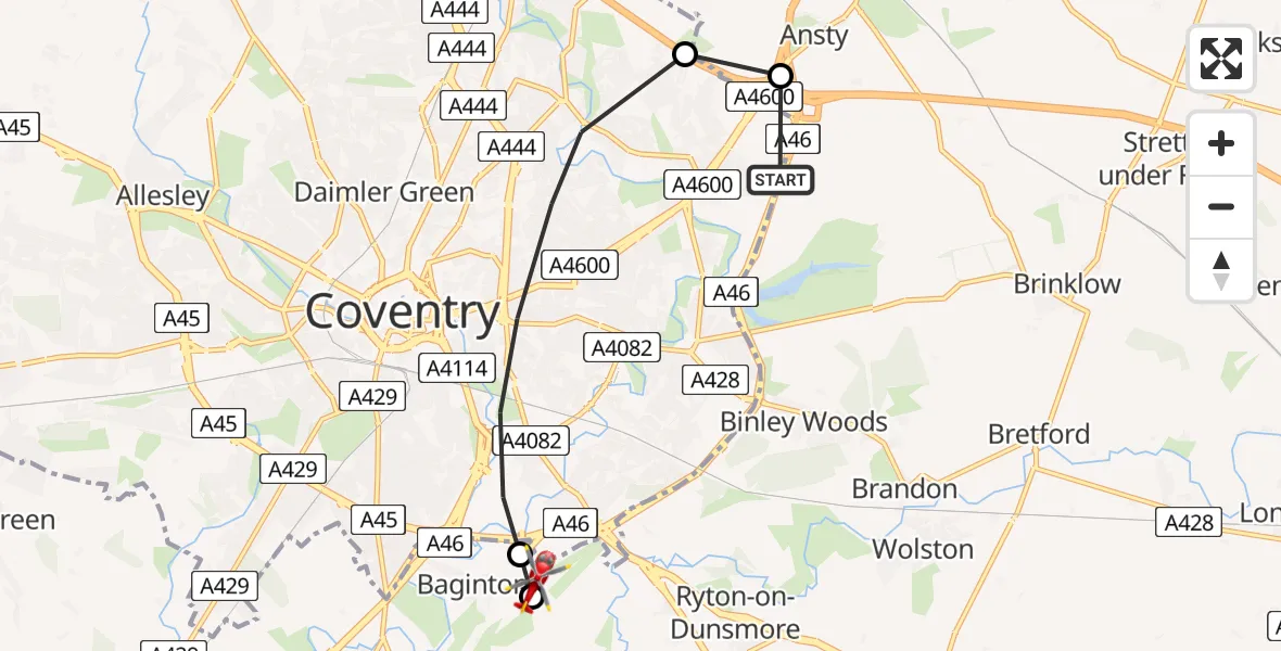 Flight path map showing Air Ambulance Helicopter route from Rugby to Coventry Airport