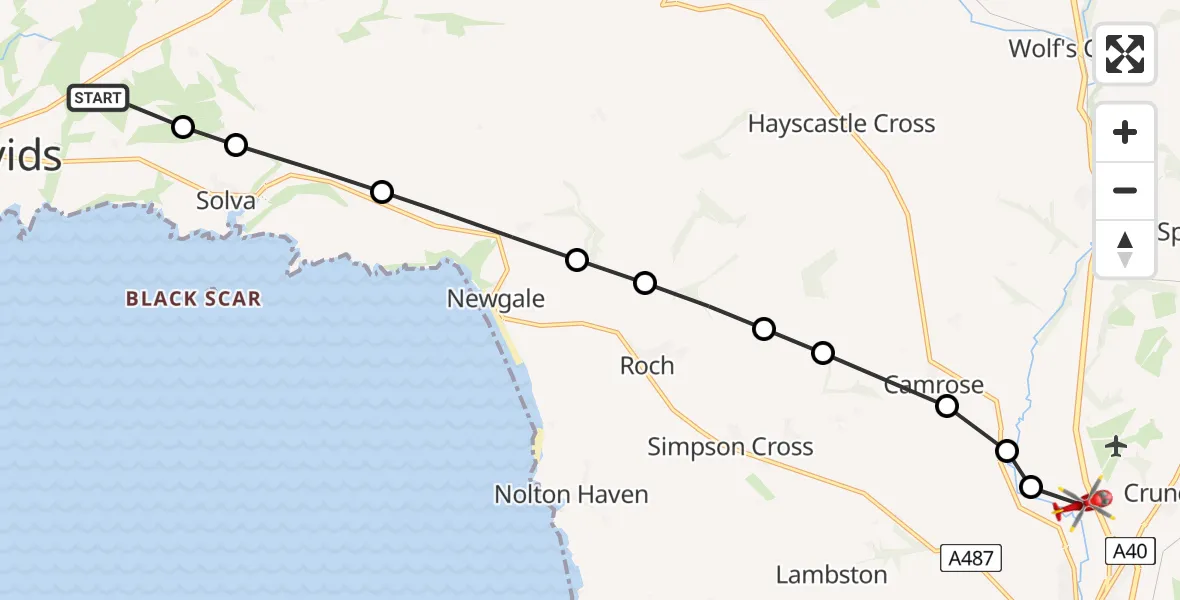 Flight path map showing Air Ambulance Helicopter route from St Davids to Rudbaxton