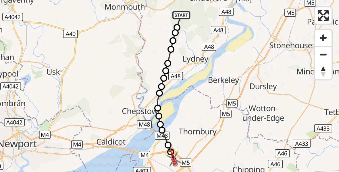 Routekaart van de vlucht: Air Ambulance Helicopter to Olveston, Family Cycle Route