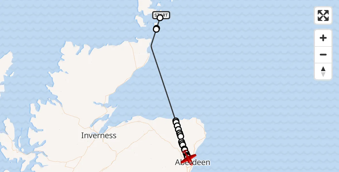 Flight path map showing Air Ambulance Aircraft route from Toab to Aberdeen International Airport