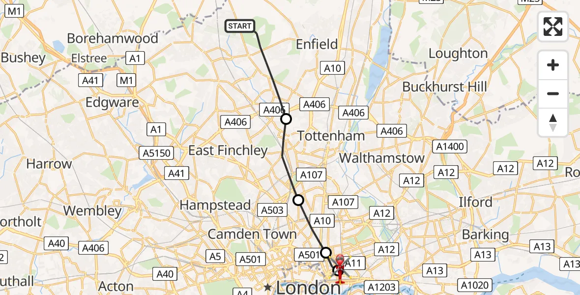 Flight path map showing Air Ambulance Helicopter route from London Borough of Enfield to Royal London Hospital
