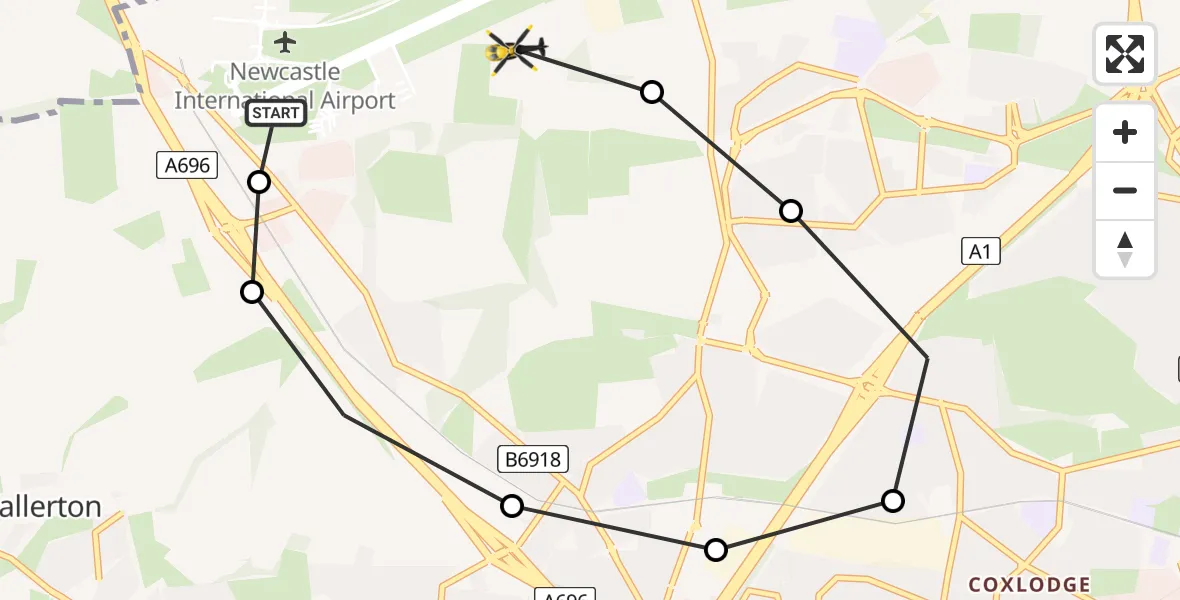 Flight path map showing Police Helicopter route from Newcastle International Airport to Dinnington