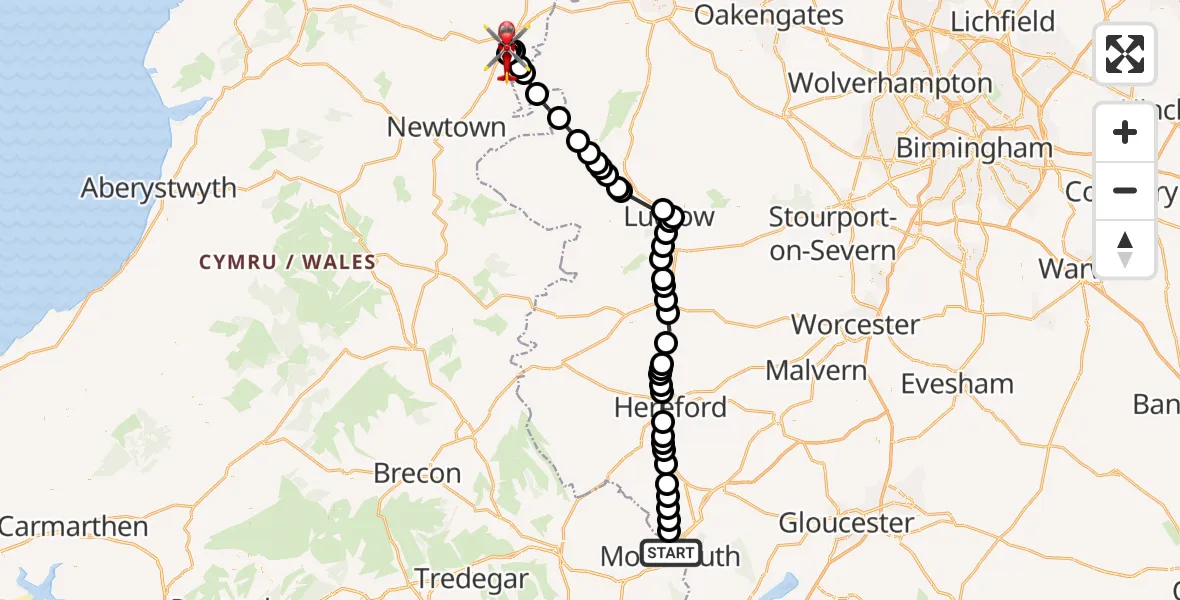 Flight path map showing Air Ambulance Helicopter route from Monmouth to Welshpool Airport