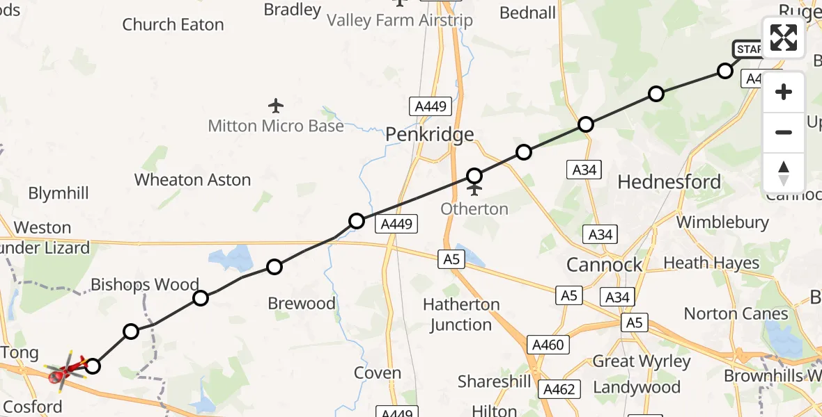 Flight path map showing Air Ambulance Helicopter route from Slitting Mill to Tong