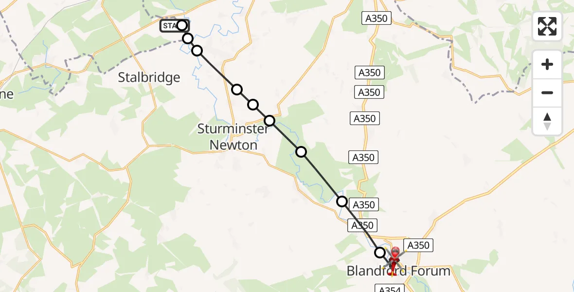Flight path map showing Air Ambulance Helicopter route from Henstridge Airfield to Blandford Forum
