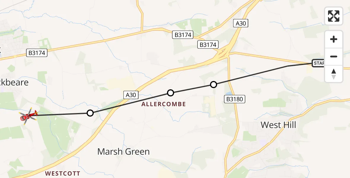 Flight path map showing Air Ambulance Helicopter route from West Hill to Rockbeare