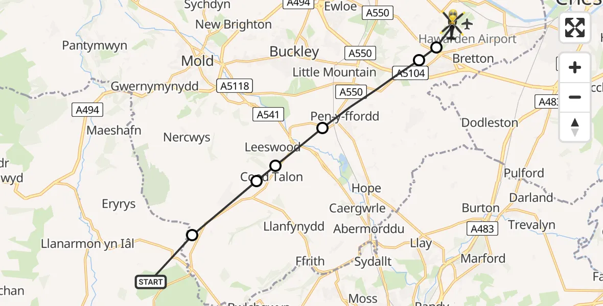 Flight path map showing Police Helicopter route from Llanarmon-yn-Ial to Hawarden Airport