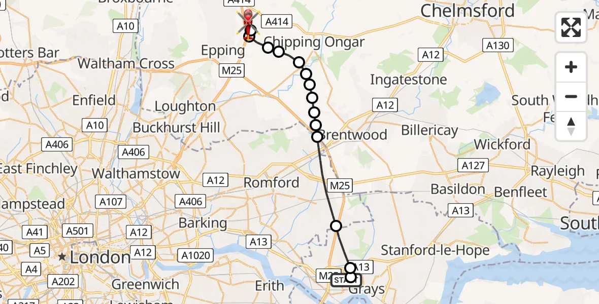 Flight path map showing Air Ambulance Helicopter route from South Ockendon to North Weald Airfield