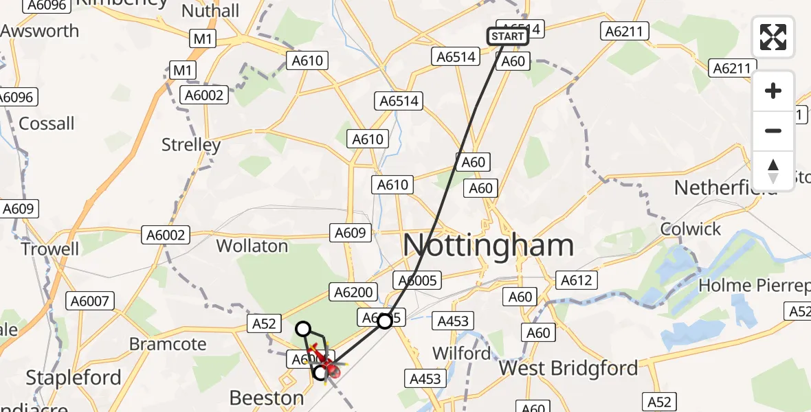 Flight path map showing Air Ambulance Helicopter route from City of Nottingham to City of Nottingham