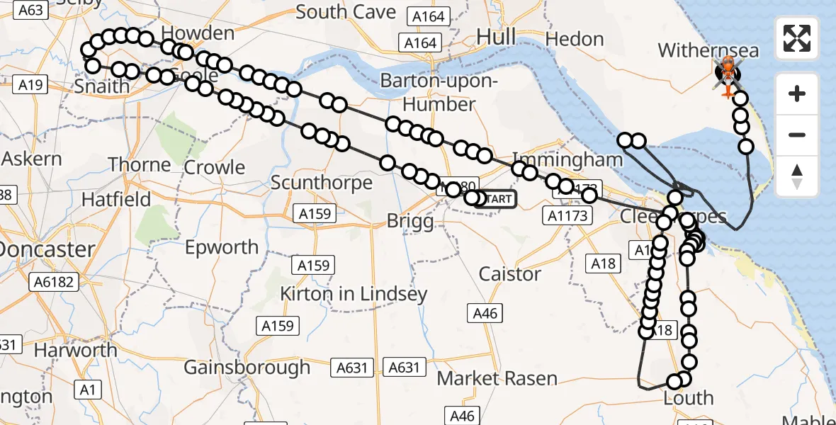 Flight path map showing Coastguard Helicopter route from Humberside Airport to Withernsea