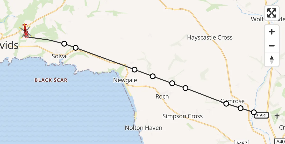 Routekaart van de vlucht: Air Ambulance Helicopter to St Davids, Ffos Y Mynach