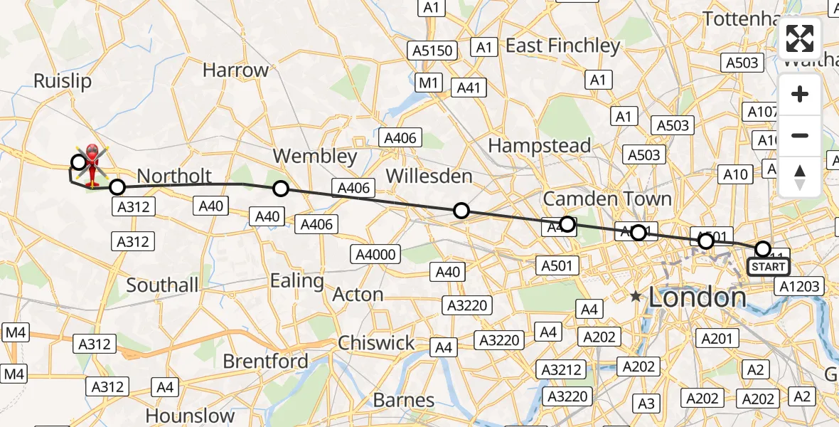 Flight path map showing Air Ambulance Helicopter route from Royal London Hospital to RAF Northolt