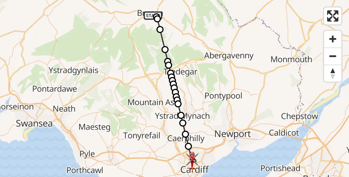 Flight path map showing Air Ambulance Helicopter route from Brecon to Cardiff