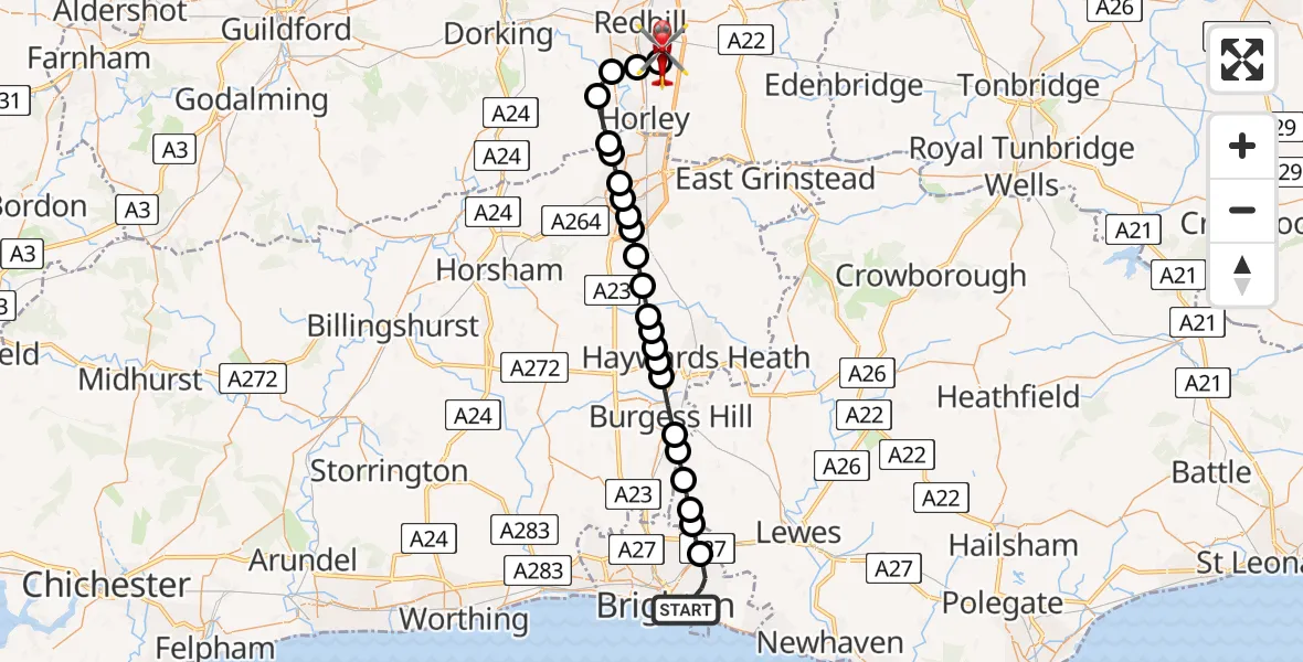 Flight path map showing Air Ambulance Helicopter route from Brighton to Redhill Aerodrome