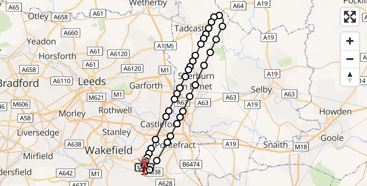Flight path map showing Air Ambulance Helicopter route from YAA Nostell Helicopter Port to YAA Nostell Helicopter Port