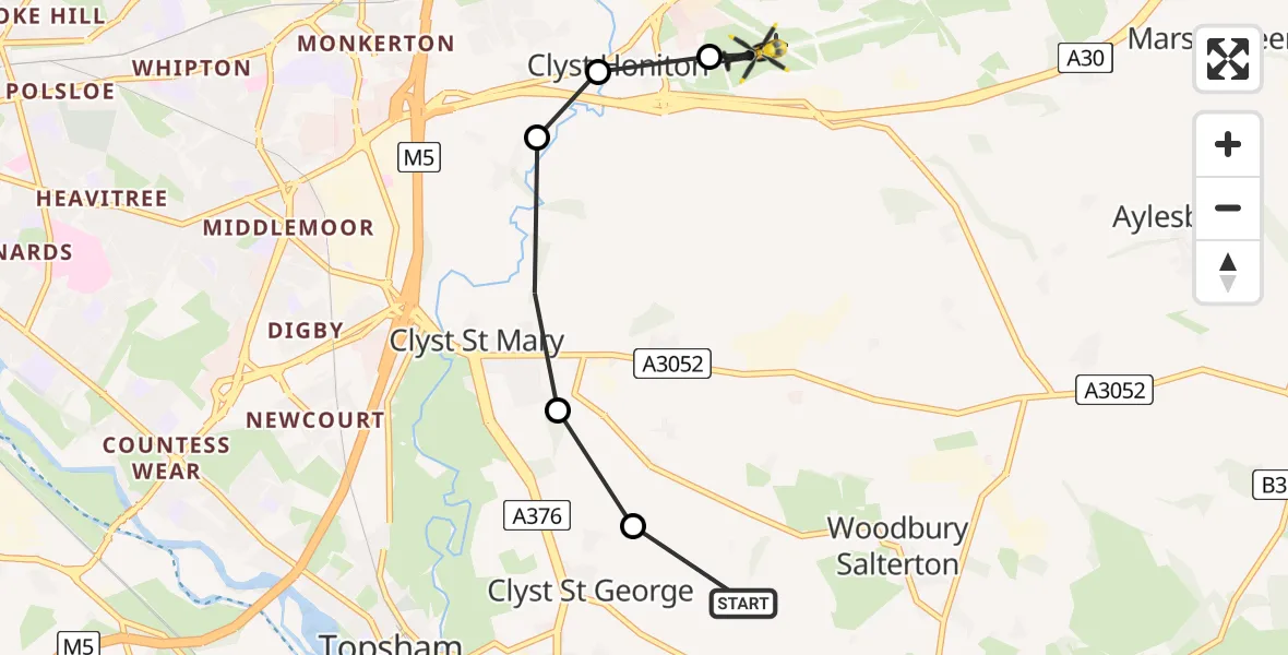 Flight path map showing Police Helicopter route from Woodbury to Exeter International Airport