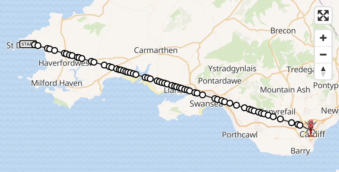 Flight path map showing Air Ambulance Helicopter route from St Davids to Cardiff