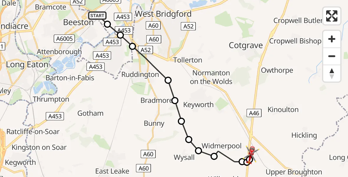 Flight path map showing Air Ambulance Helicopter route from Beeston to Nottingham Heliport
