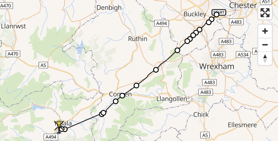Flight path map showing Police Helicopter route from Hawarden Airport to Llanycil