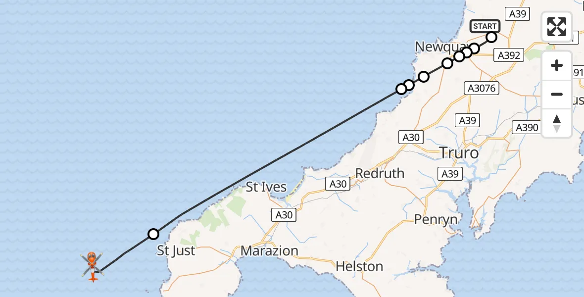 Flight path map showing Coastguard Helicopter route from Cornwall Airport Newquay to North Atlantic Ocean