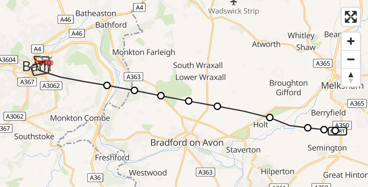 Flight path map showing Air Ambulance Helicopter route from Wiltshire Air Ambulance to Bath