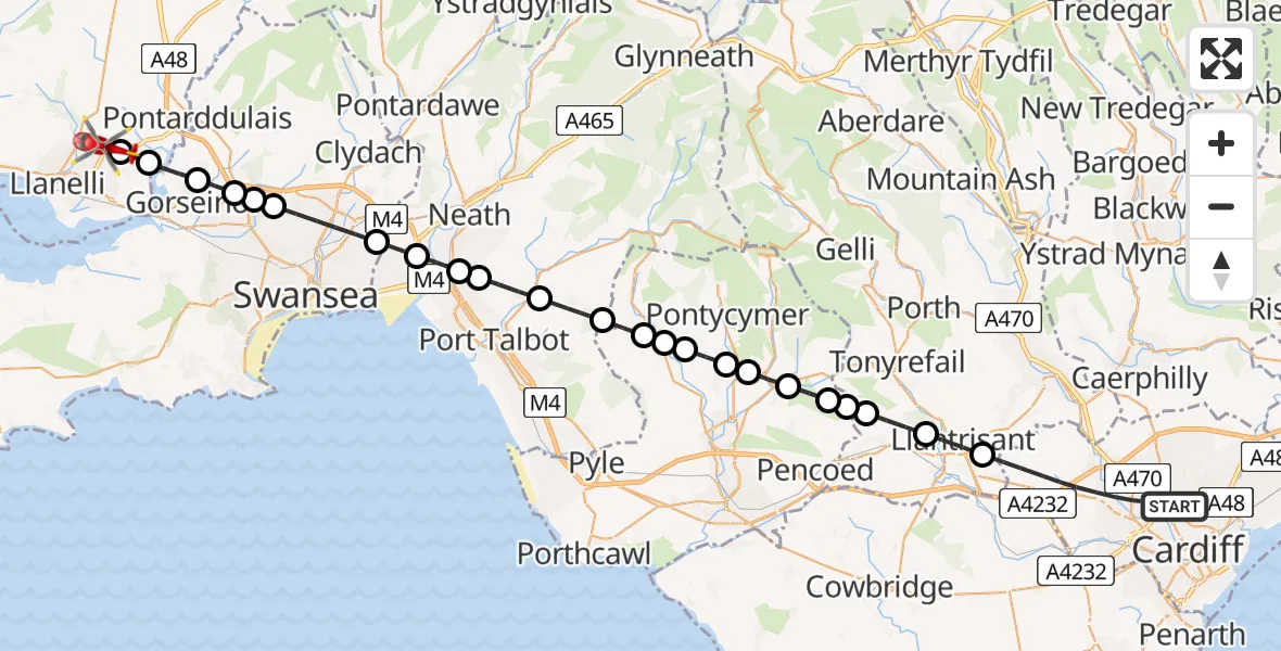 Flight path map showing Air Ambulance Helicopter route from Cardiff to Dafen