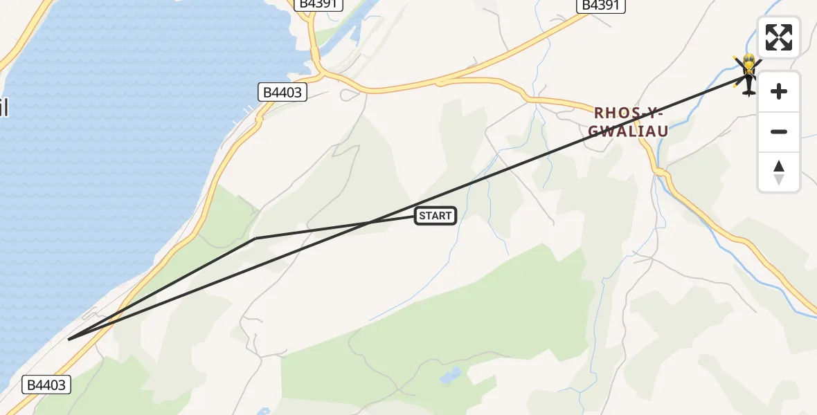 Flight path map showing Police Helicopter route from Llangywer to Llangywer