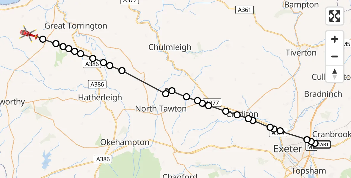 Flight path map showing Air Ambulance Helicopter route from Exeter International Airport to Torridge