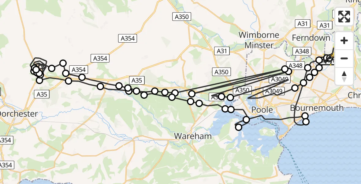 Flight path map showing Police Helicopter route from Hurn to Bournemouth Airport