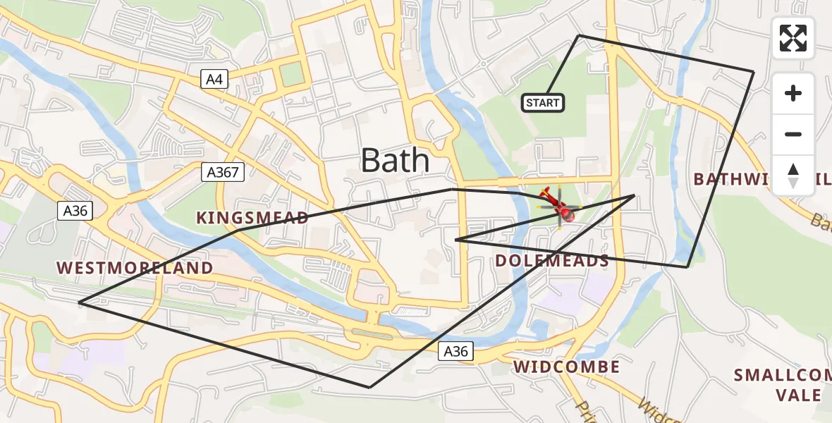 Flight path map showing Air Ambulance Helicopter route from Bath to Bath