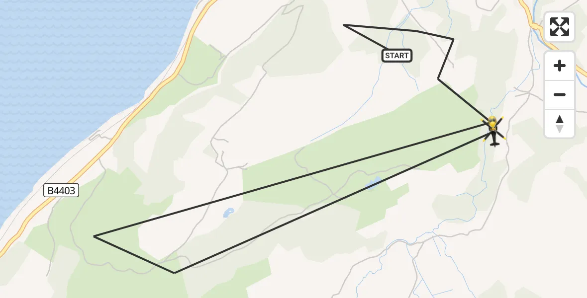 Flight path map showing Police Helicopter route from Llangywer to Llangywer