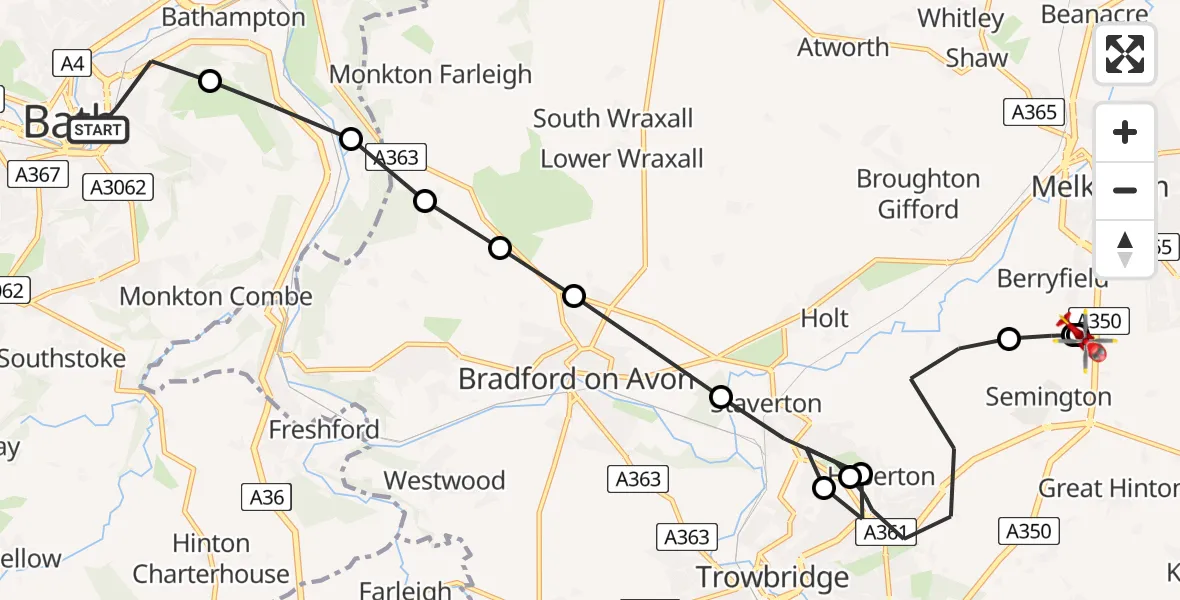Flight path map showing Air Ambulance Helicopter route from Bath to Melksham
