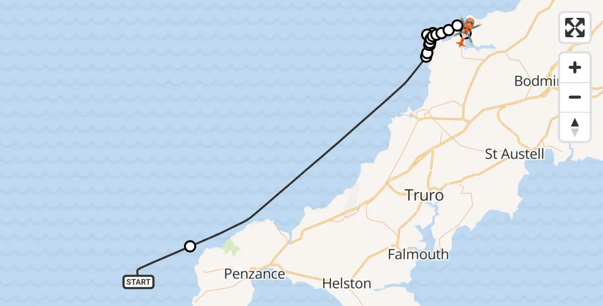 Flight path map showing Coastguard Helicopter route from North Atlantic Ocean to Trebetherick