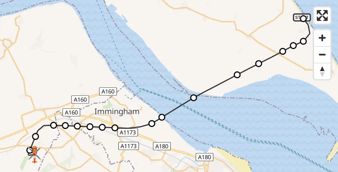 Flight path map showing Coastguard Helicopter route from Withernsea to Humberside Airport