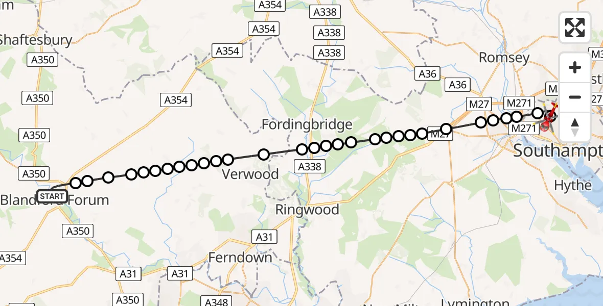 Flight path map showing Air Ambulance Helicopter route from Blandford Forum to University Hospital Southampton